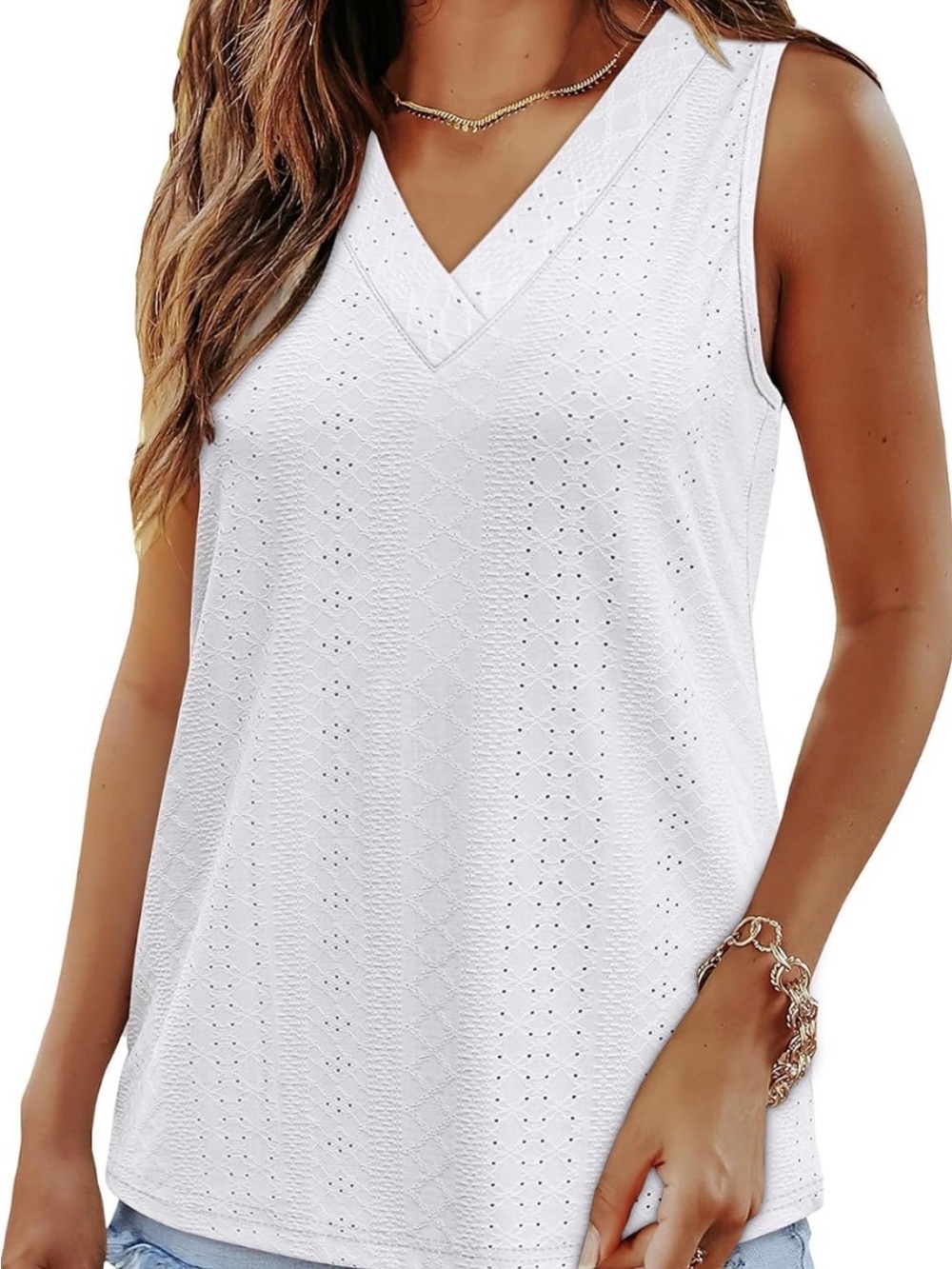 Women's White V-Neck Eyelet Tank Top